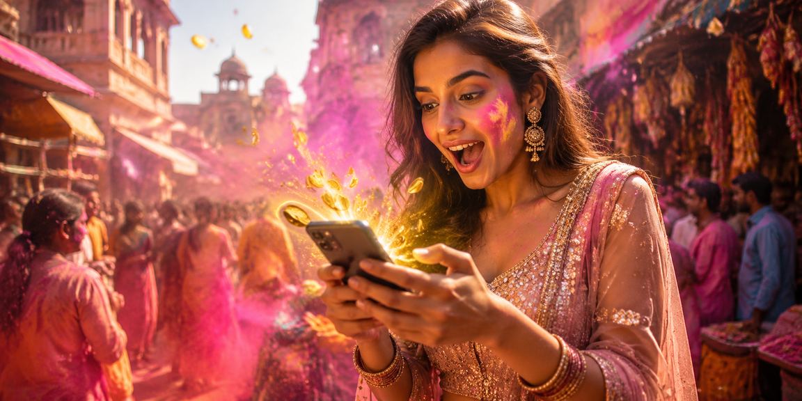 Mobile casino user enjoying VIP benefits during Holi festival in India